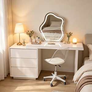 Ensemble de coiffeuse extensible blanc mat avec miroir LED nuage irrégulier, commode à 3 tiroirs, chaise de bureau transparente à roulettes et bureau de maquillage pour chambre - Product Image 6
