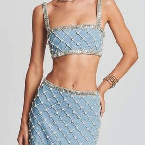 ชุดเดรสผู้หญิงเซ็กซี่ประดับเพชร + กระโปรงมินิเอวสูง ชุดออกงานกลางคืน ชุดเซ็ต 2 ชิ้น - Product Image 3