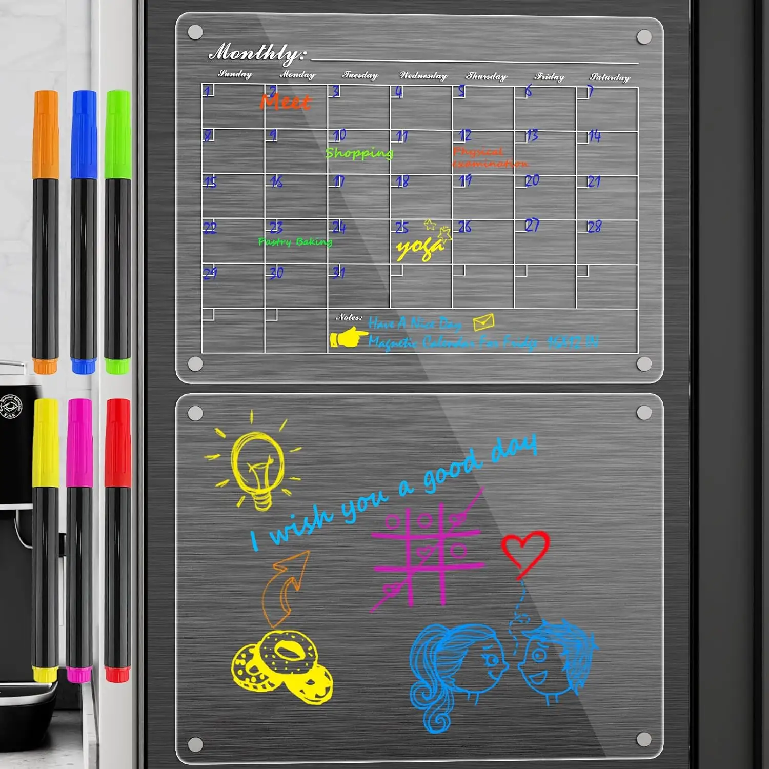 Calendário magnético para geladeira 2 set, Acrílico Magnetic Dry Erase Board for Fridge Clear, Calendário do refrigerador para planejador reutilizável