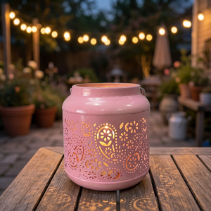 Artisan Design Decorative Iron <b>Lantern</b> <b>Candle</b> Holder with Pink Finish Model L697 - Product Image 1