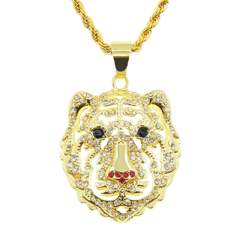 Hip Hop 18K Gold Plated Lion Head Pendant Necklace with Full Rhinestone for Men