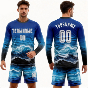 Camisetas de Fútbol Retro de Poliéster Tejido, con Spandex, de Alta Calidad, Personalizables, de Manga Larga, en <span class=keywords><strong>Azul</strong></span> y Negro - Product Image 1