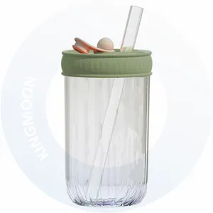 Neues Design 500 ml Glas-Kindertasse mit Silikondeckel 2 Strohhalme breiter Mund umweltfreundliche Becher Blase Milch Tee Kaffee Saft
