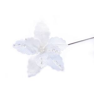 Fleur à longue tige en tissu blanc avec strass argentés - Product Image 1