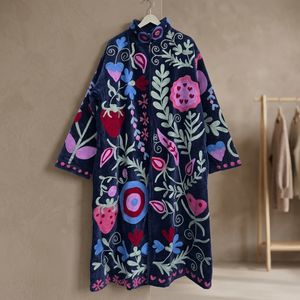 Manteau long en velours Suzani brodé à la main pour femme, motif floral bleu fraise, veste longue ouverte sur le devant, robe kimono, style bohème, hiver - Product Image 2