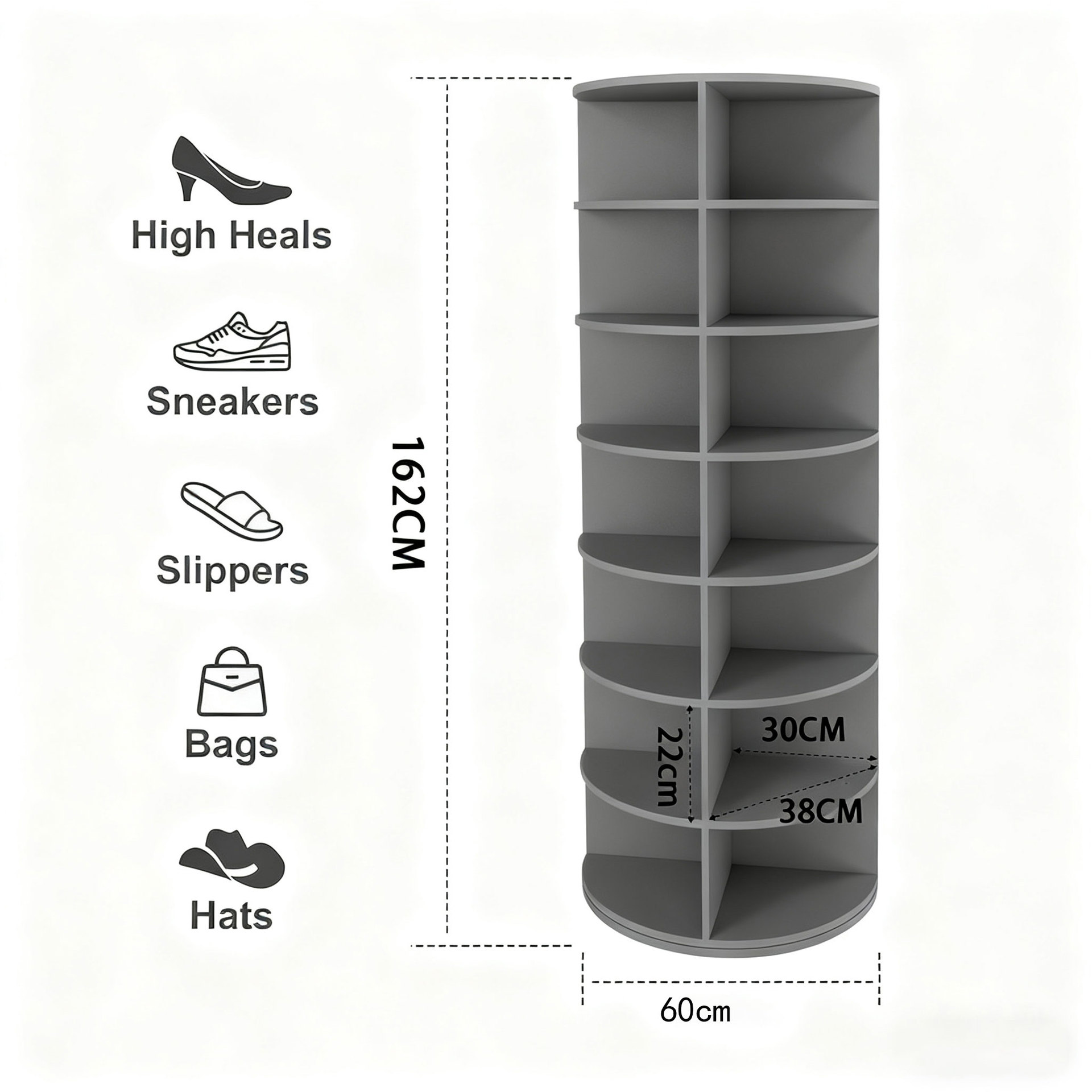 Model A rotating shoe rack, 7 layers (PVC board), gray.