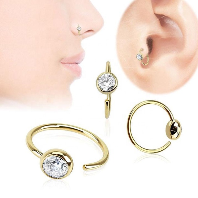 316L Stainless Steel CZ Nose Hoop Ring Cuff Gold Nose Cuffs Piercing Jewelry