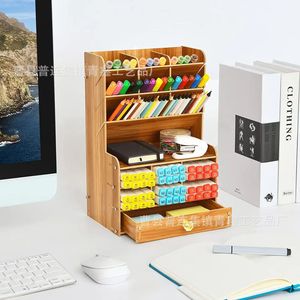 Wooden Desktop Storage Rack <b>6</b> Tier Multi Compartment Pen Holder Stationery Organizer Office Desk Organizer <b>Drawer</b> With Tray - Product Image 3