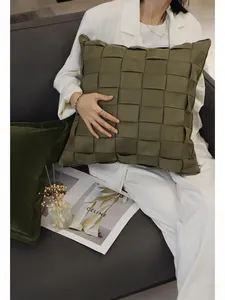 18X18 올리브 그린 손으로 짠 홈 장식 베개 격자 무늬 던지기 베개 케이스 커버 거실 소파