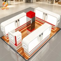 Kiosque optique éclairé blanc et rouge personnalisé pour centre commercial, présentoir à lunettes moderne, éclairage LED écologique