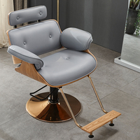 Chaise de barbier moderne de qualité supérieure, durable, avec cadre brun, revêtement en cuir PU gris-bleu, base en métal rotative à 360°