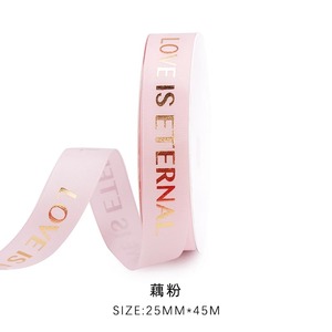 Custom Pink Grosgrain Luster Satin <b>Ribbon</b> 25mm X 45m Love Is Eternal Gold Stamp Printed Eco-Friendly Wedding Decor - Product Image 1
