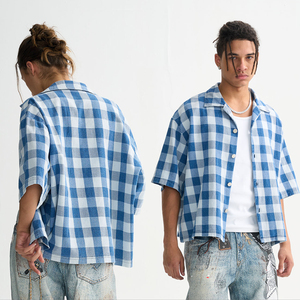 Hot Personalized Graphic Cropped Metal Button 100% Cotton T - <b>Shirt</b> Blue Checkered Short Sleeve <b>Denim</b> <b>Shirt</b> for <b>Men</b> - Product Image 4