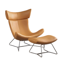 Chaise de canapé nordique de luxe à une place, chaise en fibre de verre, en cuir véritable et repose-pieds, fauteuils de loisirs et chaises d'accent