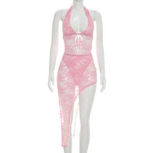Viviblook J26ST221 Conjunto de Verano para Mujer, Sexy, Sin Mangas, Encaje Transparente, Body Halter, Falda Asimétrica, Conjunto de Dos Piezas - Product Image 4