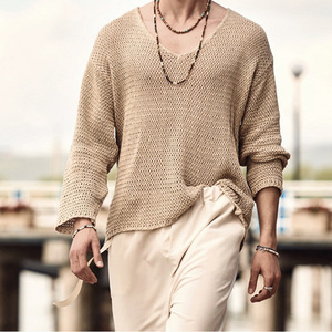 Pull à col en V pour homme, couleur unie, manches longues, tricoté, printemps automne, coupe ajustée, kaki gris bleu foncé MLXLXXLXXXL - Product Image 1