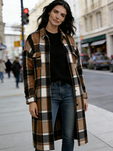 Manteau long à carreaux - Veste chemise en flanelle à carreaux surdimensionnée pour femmes grandes tailles - Product Image 5