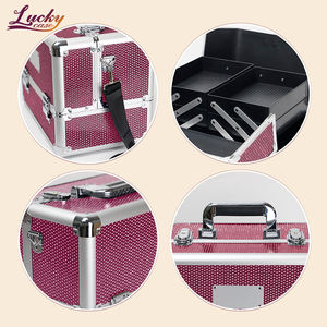 Estuche de maquillaje rojo <span class=keywords><strong>Solferino</strong></span> con 4 bandejas, organizador de maquillaje de PU brillante, estuche de tocador de belleza de aluminio personalizado con cristal - Product Image 6