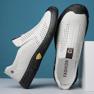 Mocassins en cuir blanc pour hommes, à bout rond, respirants, semelle en caoutchouc, chaussures décontractées de printemps - Product Image 3
