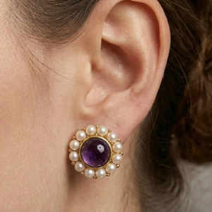 Classic Gold Plated Amethyst Pearl Round <b>Stud</b> <b>Earrings</b>, 15mm Brass Office Wear - Product Image 4