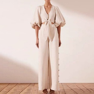 Pantalon droit en coton et lin taille haute pour femme, coupe ample et élégante avec boutons, ensemble deux pièces - Product Image 1