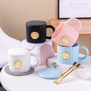 Ensemble de tasses en céramique de 360 ml avec couvercle et cuillère, design mignon, usage domestique, tasses de couleur unie pour le café et le thé - Product Image 1