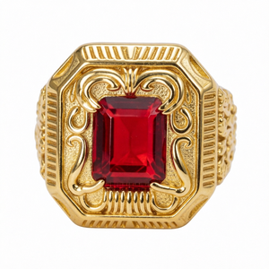 Bijoux fins, argent S925 plaqué or 14 carats, rubis vintage sculpté, rectangle, pierre précieuse rouge, alliance large pour homme - Product Image 1