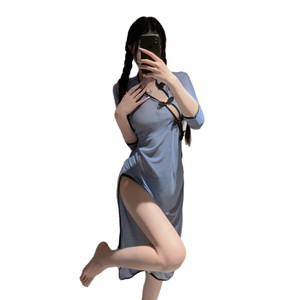 Sexy Hanfu Style Cheongsam Nightgown Women's Long Sheer Satin Lingerie With High Slit And Cross Front Design - Product Image 5