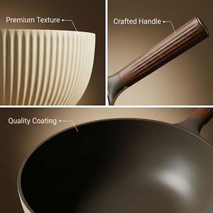 Ceramic Coated Wok Milky White 32 Cm Non-Stick Flat Bottom For Steaming Stewing Cooking With Wooden Handle - Product Image 2