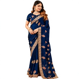 Vexotrend India Pakistan Premium <b>Velvet</b> Satin Traditional <b>Saree</b> for Women Embroidery Swarovski Jarkan Wrinkle-Free Quick-Dry All - Product Image 1