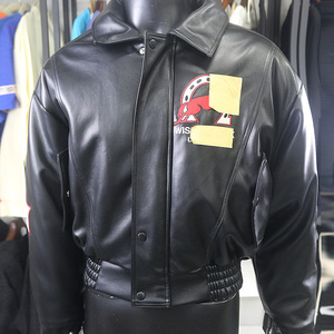 Blouson en <span class=keywords><strong>cuir</strong></span> court pour <span class=keywords><strong>homme</strong></span> personnalisé, style bomber, avec ceinture élastique, motif brodé, broderie éponge, blouson de motard décontracté - Product Image 1
