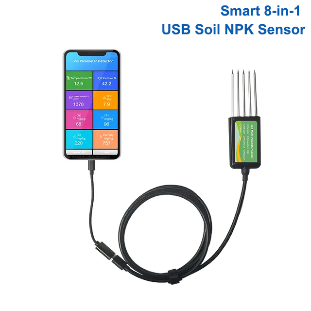 Smart Soil Sensor 5-in-1 NPK EC Moisture Temp pH Meter with APP Data Logger USB Rechargeable Soil Tester for Garden Farm