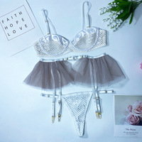 Ensemble de lingerie sexy en maille patchwork, sous-vêtements fantaisie à volants, jarretelles délicates, ensemble de culottes de luxe transparentes, lingerie érotique sexy