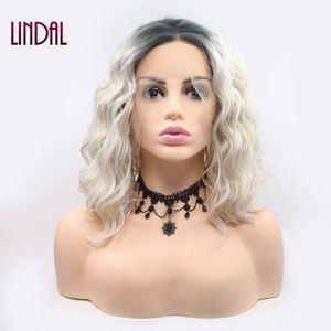 LINDAL Ash Platinum Lace Front Perruques Courte Ondulée Costume Femme Perruque Mixte Blonde Synthétique Faits Saillants Lâche Vague <span class=keywords><strong>Frontale</strong></span> Dentelle Perruque - Product Image 1