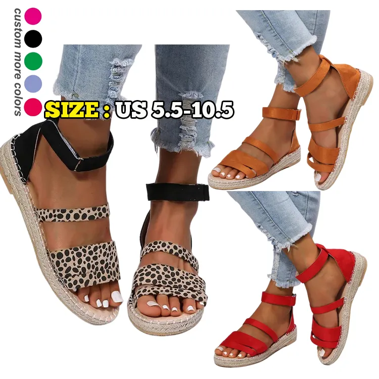 Custom Summer Sandals Leopard Rope Sole Trendy Beach Comfy Casual Girls Flats Shoes Flat Shoes Women Sandals