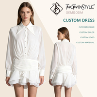 Robe Courte Blanche Décontractée à Volants et Taille Froncée pour Femme, Col Revers, Manches Longues, Coupe Ample, Style Vacances et Quotidien, Vente en Gros