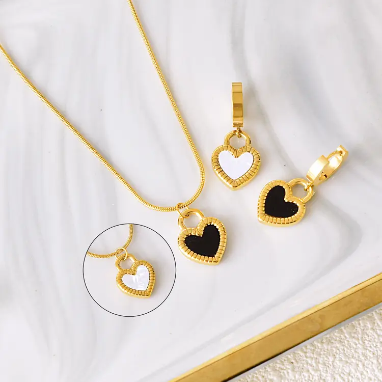 Superventas Día de San Valentín 18K oro real doble cara negro ónix colgante piedras preciosas joyería bloqueo corazón colgante collar para mujer