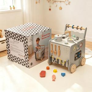 Chariot d'activités en bois pour bébé, <span class=keywords><strong>cuisine</strong></span> ludique, jouet à pousser Montessori avec ustensiles de <span class=keywords><strong>cuisine</strong></span>, certifié CE CPC - Product Image 4