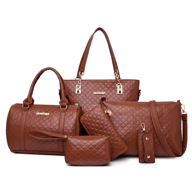 Kahverengi popüler Crossbody deri çanta 6 parça kadın seti çantası moda kapak omuz OEM moda özel Logo