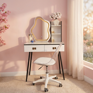 Modern <b>Makeup</b> Vanity Desk with Lighted <b>Mirror</b> Storage White Black Legs Acrylic Chair Bedroom Furniture - Product Image 2