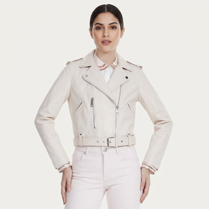 Elegant <b>Women</b> Off <b>White</b> Real Leather Biker <b>Jacket</b> Belted Waist Notch Lapel Zippered Pocket Premium Ladies Leather <b>Jackets</b> - Product Image 4