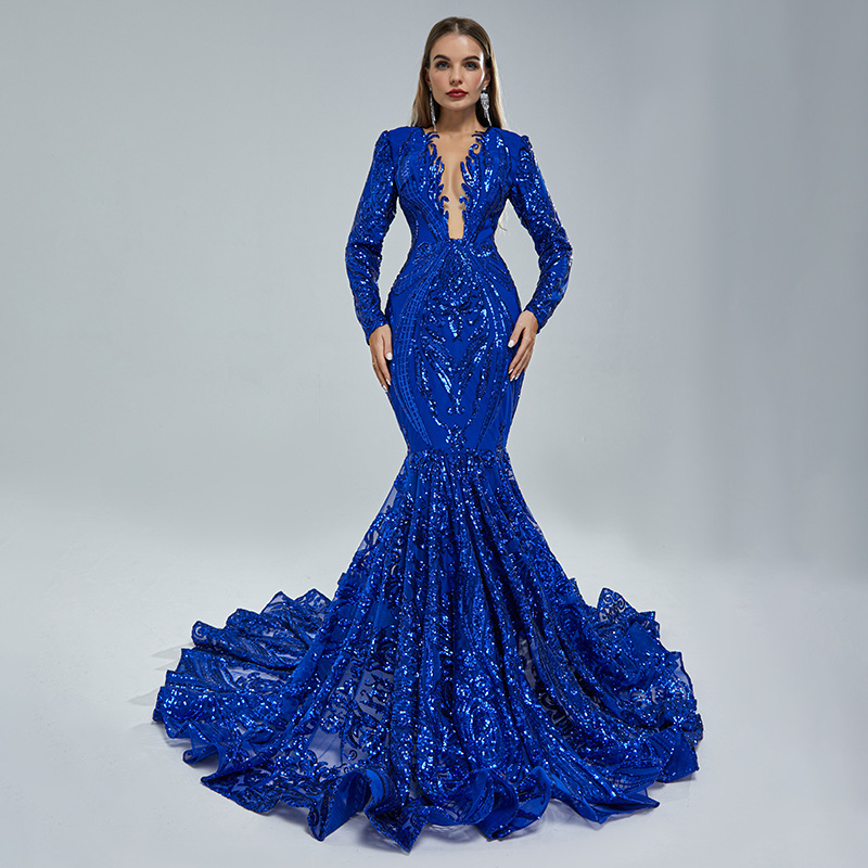 Ocstrade Sparkly Sequin Mermaid Black Girl Royal Blue Vestidos de baile Manga larga Sheer Hundiendo el cuello Vestido de baile de noche Vestido de fiesta