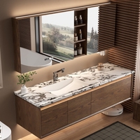 Meuble-lavabo mural flottant moderne de luxe en bois massif avec miroir LED intelligent et plateau en pierre écologique pour appartement