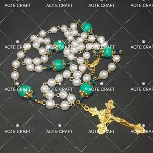 Großhandel 8mm weiße Kunststoff Perlen Perlen mit grünen türkis farbenen Frauen Schmuck 14 Karat Gold katholischen billigen Rosenkranz