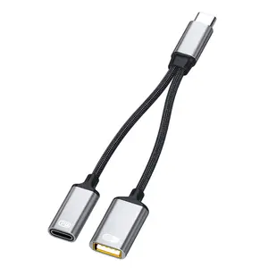 Répartiteur de câble 2 en 1 tressé en nylon Convertisseur de type OTG avec port de charge PD Adaptateur usb c usb 3.0 A mâle vers type c femelle