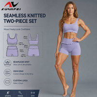 Ensemble de yoga sans couture côtelé lavande personnalisable avec haut court à col rond et short cycliste – Tenue de sport 2 pièces pour femme