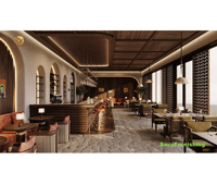 Conception graphique d'intérieur pour café lounge, concept de comptoir de bar moderne pour café, ensemble table et chaises en bois pour restaurant