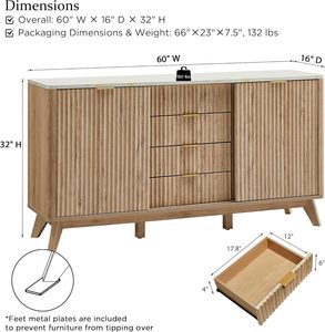 <span class=keywords><strong>Buffet</strong></span> moderne à 60 pouces avec portes coulissantes et 4 tiroirs, bar à café avec rangement, dessus en faux marbre pour salle à manger et salon - Product Image 2