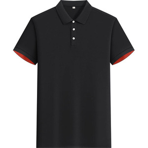 เสื้อโปโลแขนสั้นผ้าฝ้ายสีพื้นสีดำขอบสีแดงสำหรับงานสร้างทีม - Product Image 1