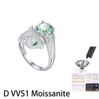 Bague ajustable pour femme en argent sterling S925 avec moissanite multicolore 2 carats, plaqué rhodium, motif tête de léopard et sertissage griffe